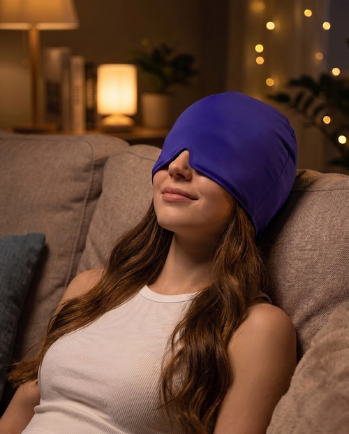 Serenicap cold therapy cap - Purple, worn by relaxed model