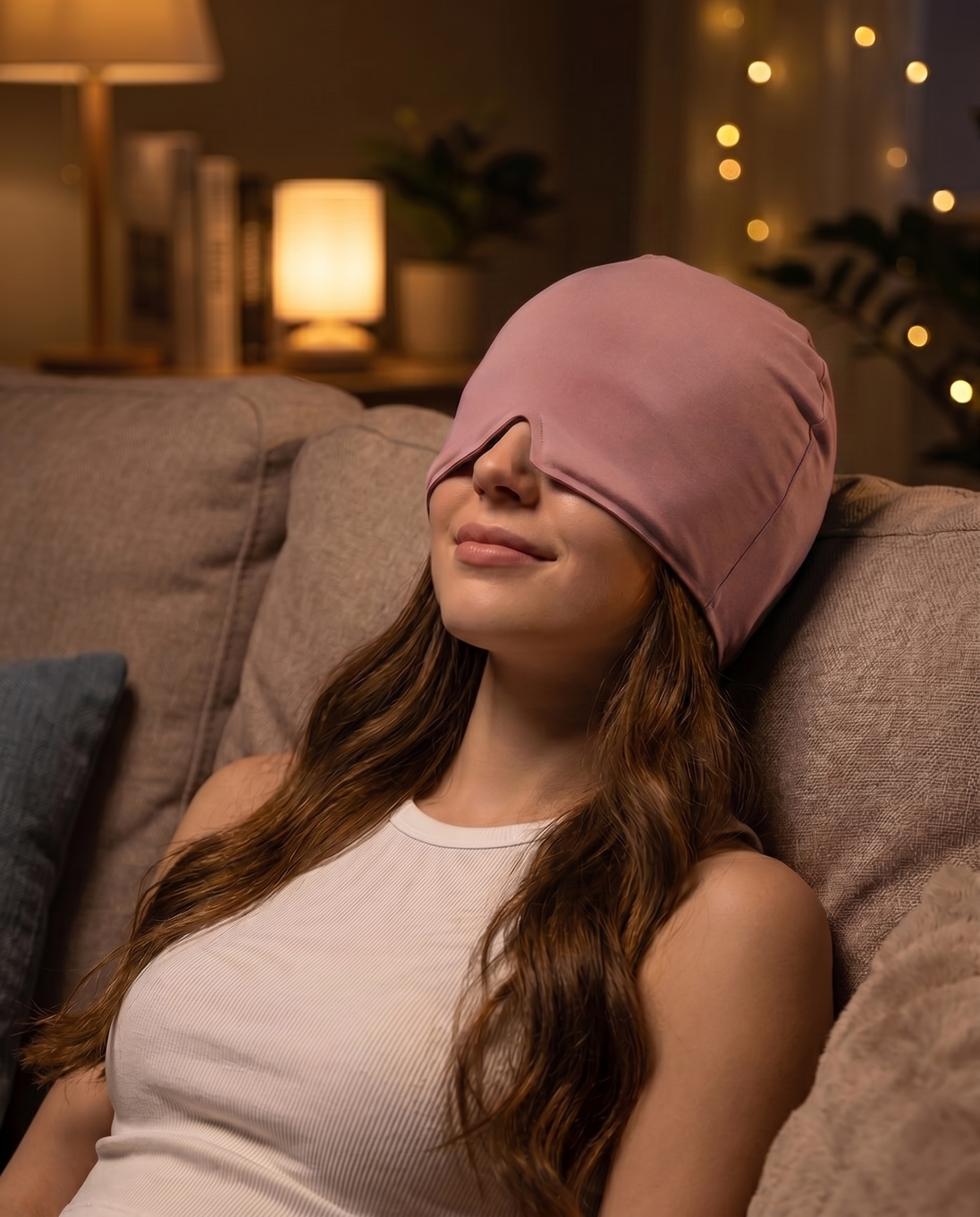 Serenicap cold therapy cap - Pink, worn by relaxed model