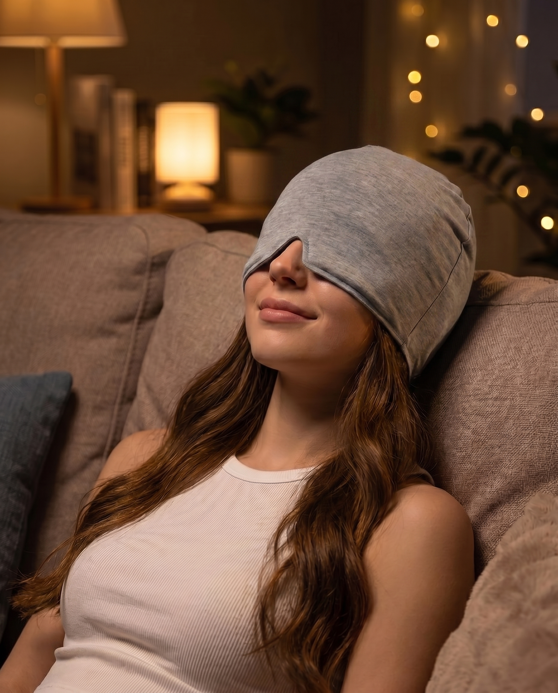Serenicap cold therapy cap - Gray, worn by relaxed model