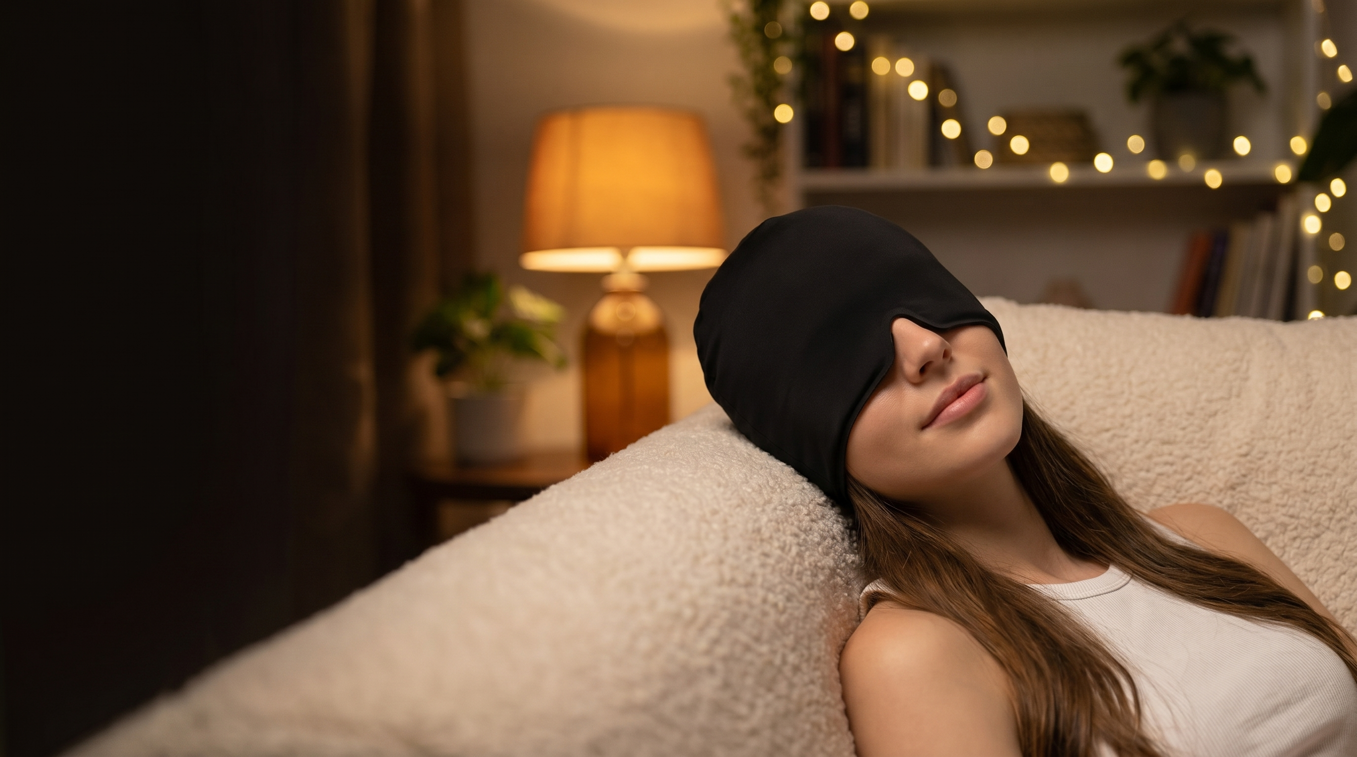 Relaxed model in dim room wearing black Serenicap cap - banner